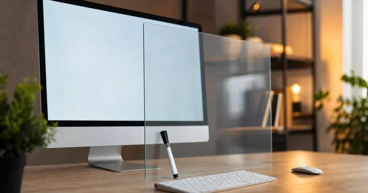 A sheet of glass standing in front of a computer monitor with a marker beside it, representing drawing over a live screen