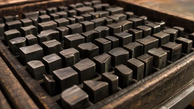 Metal letterpress type blocks arranged in a tight grid in a wooden tray