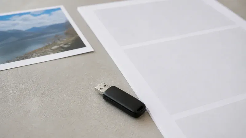 A USB drive beside a printed page and a photo print, representing different file types that can be Base64-encoded