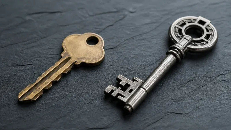 Two keys on a dark slate surface, a plain brass key beside an intricate high-security key.